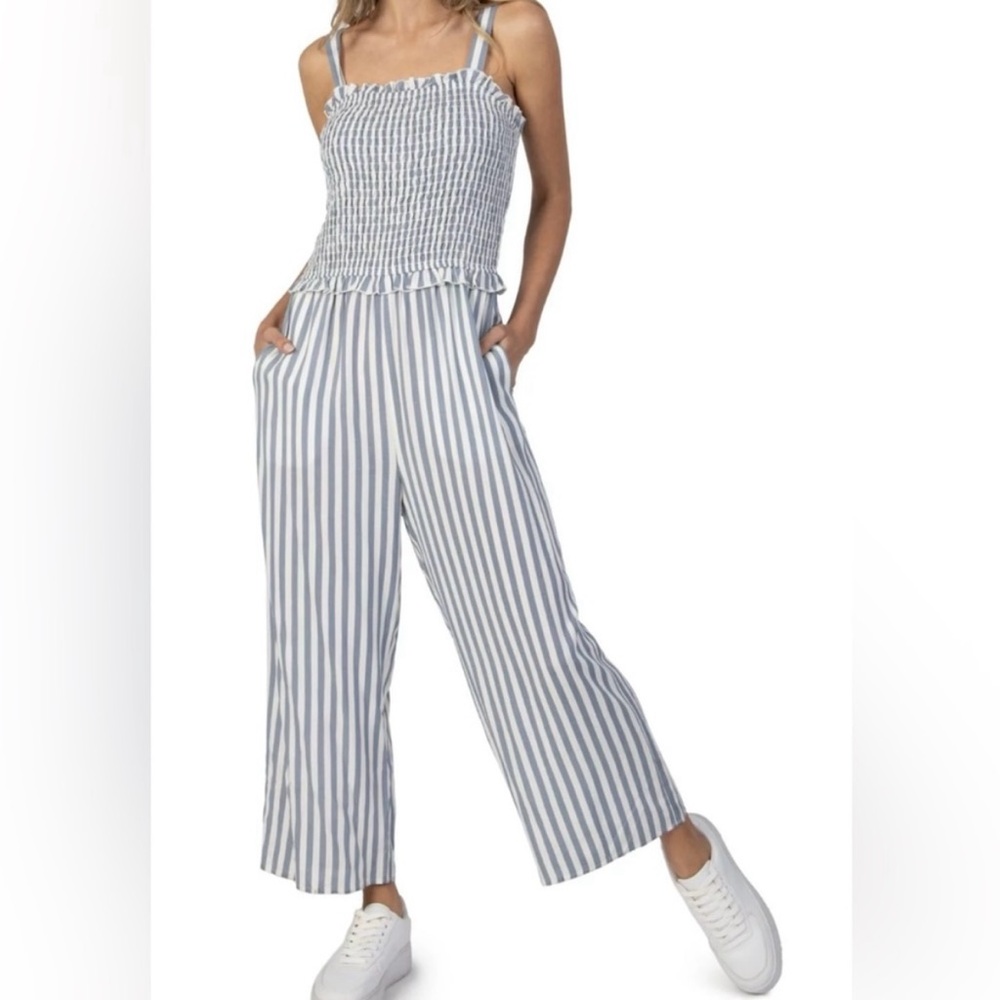 Speechless Blue and White Striped Jumpsuit with Wide-Leg Design